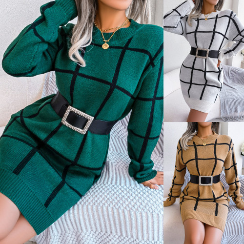 Casual color contrast check long sleeve bottomed wool dress
