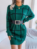 Casual color contrast check long sleeve bottomed wool dress