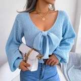 Fashion Bowknot V-Neck Lantern Sleeve Open Navel Sweater