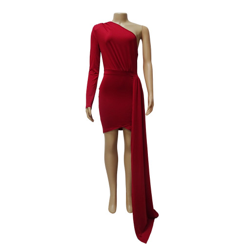 Knitted Dress Women's Party Skinny One Shoulder Sleeve Hip Wrap Dress