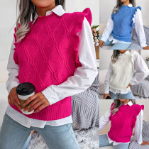 Rhombic knitted vest sweater with wood ear edge