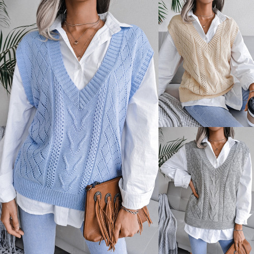 Hollow out fried dough twist V-neck knitted vest sweater