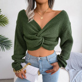 Long sleeve knotted open navel knitting sweater