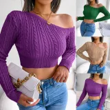 Fashion fried dough twist off shoulder long sleeve short knitting sweater