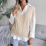 Hollow out fried dough twist V-neck knitted vest sweater