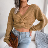 Long sleeve knotted open navel knitting sweater