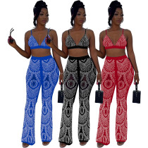 Women's sling mesh hot drilling pants suit