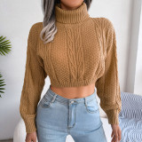 Casual fried dough twist long sleeved high neck open navel knitting sweater