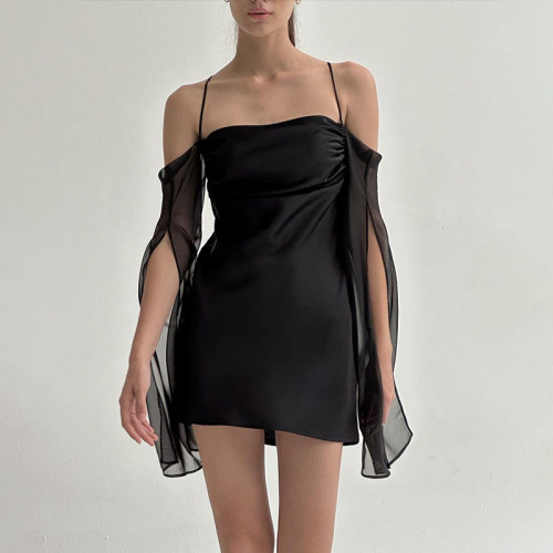Temperament Mesh Sleeves Open Back Dress Sexy Fashion Pure Desire to Shrink Pleated Hip Wrap Dress