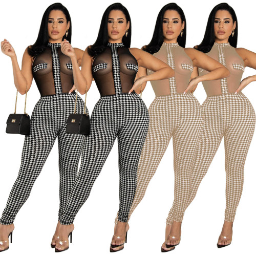 Women's nightclub style sleeveless thousand bird check knitted thread perspective jumpsuit