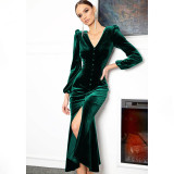Knitted V-neck shoulder pad long sleeve dress with intellectual temperament