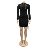 Fashion women's solid color clothes, hats, long sleeves, mid skirts, lace up dresses