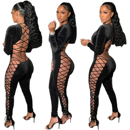 Women's gold velvet strapping explosive jumpsuit LD81080