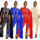 Fashion women's ironing mesh perspective trousers sleeveless shoulder wrap jumpsuit