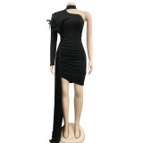 Fashion Women's Cape Feather Single Long Sleeve Oblique Shoulder Dress
