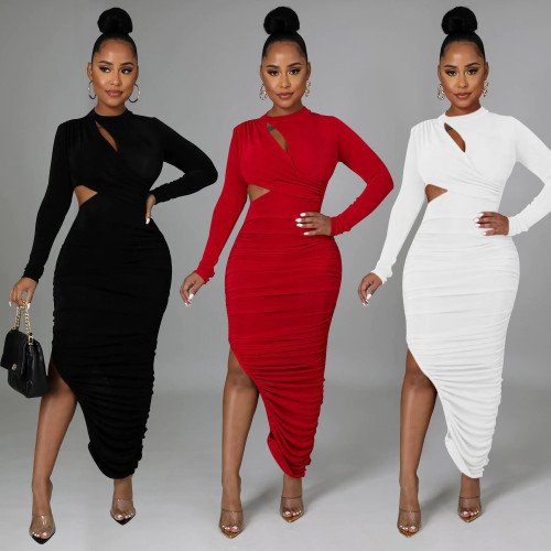 Fashion Women's Solid Pleated Round Neck Long Sleeve Long Dress Dress