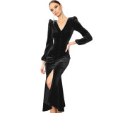 Knitted V-neck shoulder pad long sleeve dress with intellectual temperament