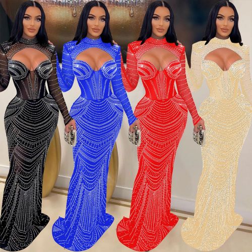 Fashion women's solid color hot drill mesh long sleeve v-neck dress