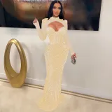 Fashion women's solid color hot drill mesh long sleeve v-neck dress