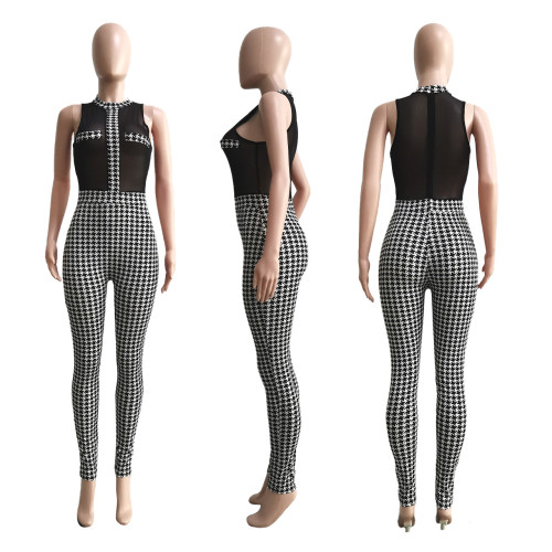 Women's nightclub style sleeveless thousand bird check knitted thread perspective jumpsuit