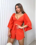 V-Neck Open Back Flare Sleeve Shirt High Waist Shorts Fashion Casual Set