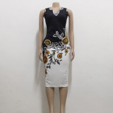 Women's sleeveless long skirt V-neck printed Cuihua dress