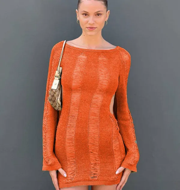 Sexy hollow backless knitting high waist hip bag slimming dress