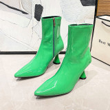 Fashion multicolor pointed patent leather candy color slip on solid medium boots with thin heels