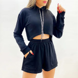 Hooded long sleeved sweater high waist patch pocket shorts large fashion casual suit