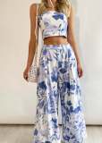 Short printed waistcoat high waist wide leg trousers casual suit