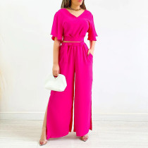 V-Neck Ruffle Sleeve Short Sleeve Shirt High Waist Wide Leg Pants Large Casual Set