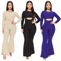 Solid high elastic jacquard suspender flare pants suit
