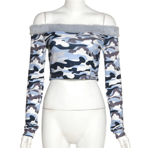 Fashion off the neck camouflage printing slim open navel T-shirt base