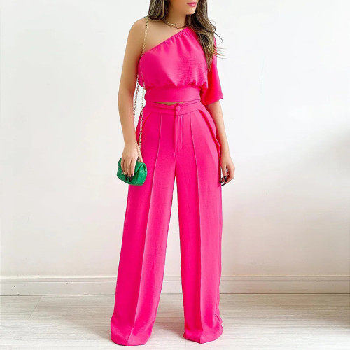 Diagonal collar single side sleeve short shirt high waist pocket wide leg pants casual suit