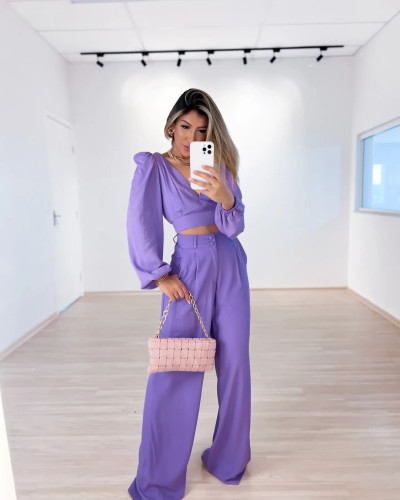 V-neck long sleeve shirt high waist wide leg trousers large fashion casual suit