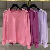 Solid V-neck long sleeve shoulder button shirt high waist pocket pants two piece set