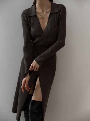 Split Strap Thread Knit Dress Autumn and Winter Mid length Polo Neck Long Sleeve Sexy Skirt Dress