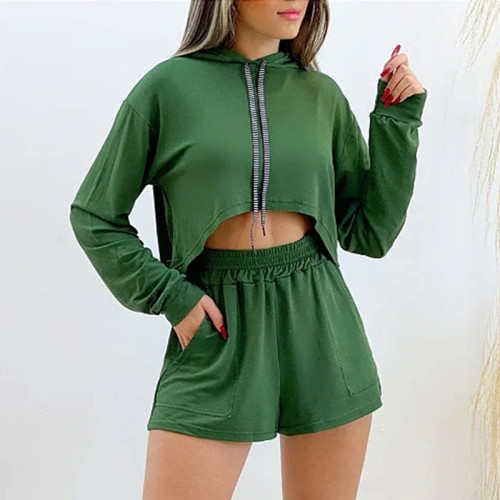 Hooded long sleeved sweater high waist patch pocket shorts large fashion casual suit