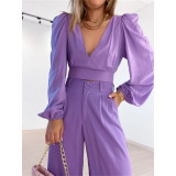 V-neck long sleeve shirt high waist wide leg trousers large fashion casual suit
