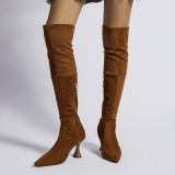 Large Suede Boots Long Over Knee Pointed Back Lace up High Heel Elastic Boots