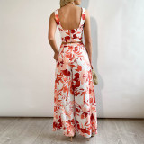 Short printed waistcoat high waist wide leg trousers casual suit