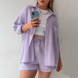 Wrinkle lapel long sleeve shirt high waist drawstring shorts large fashion casual suit