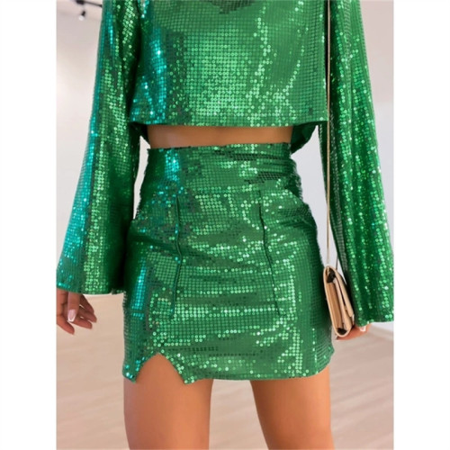 Round neck flare sleeve sequin shirt high waist hip wrap skirt two-piece set