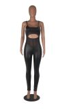 Mesh splicing sexy suspender leather pants jumpsuit
