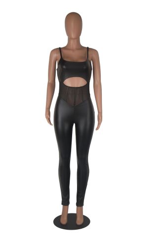 Mesh splicing sexy suspender leather pants jumpsuit