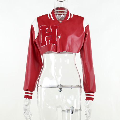 Contrast leather embroidered baseball jacket letter print coat