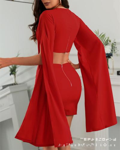 Fashion solid V-neck slit long sleeve skirt suit hip zipper sexy skirt two-piece set