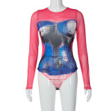 Lightweight screen abstract pattern printed sexy bodysuit