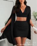 Fashion solid V-neck slit long sleeve skirt suit hip zipper sexy skirt two-piece set