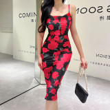 Temperament V-neck suspender vest dress sexy slim bag hip print fashion dress